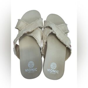 Vionic Tan Sandals with Ruffled Crossover Straps